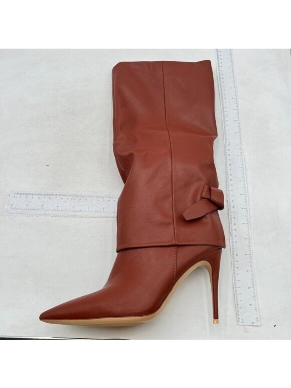 Brown Pointed Toe Knee High Long Boot Side Zipper High Heels Booties Dress Shoes